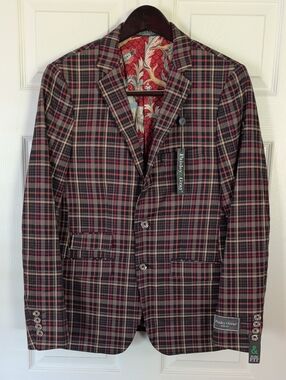 New Men's Paisley & Gray Slim Fit Blazer Multicolor Tartan Plaid Size 38R